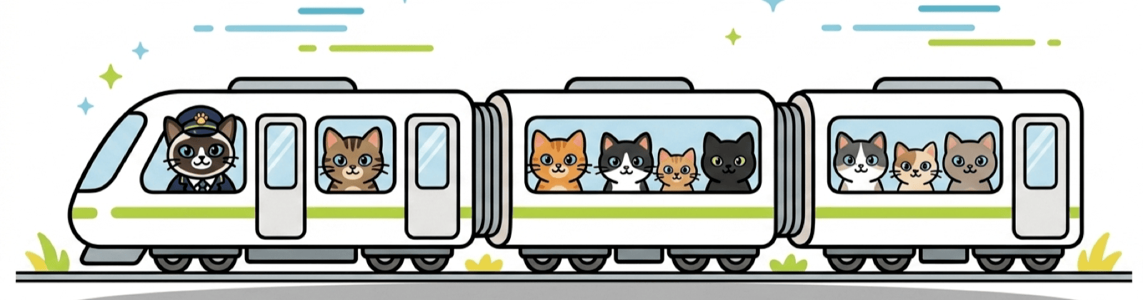 色々な柄の猫たちを乗せて走る電車