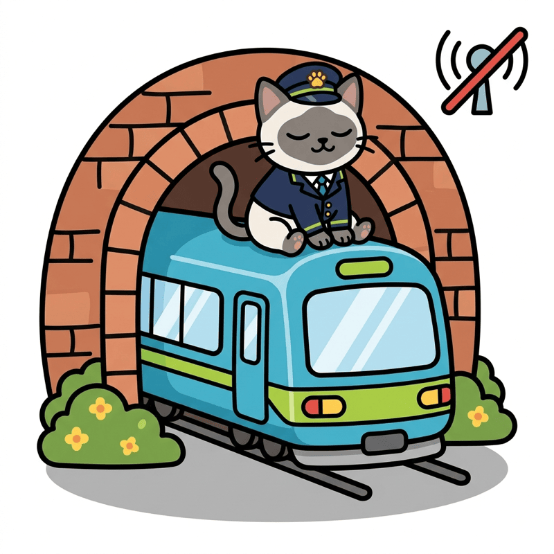 トンネルでも走る電車と猫駅長のイラスト