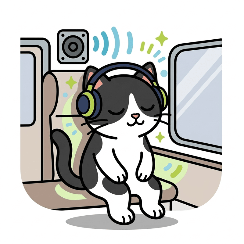 ヘッドホンで音楽を聴きながら電車に乗るハチワレ猫